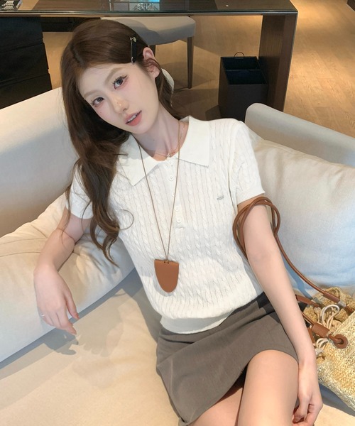 Girly Doll(ガーリードール)の「ポロカラーケーブル半袖ニット(ニット/セーター・レディース・イエロー/ブルー/ホワイト・F)」の7枚目の写真