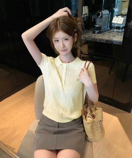 Girly Doll(ガーリードール)の「ポロカラーケーブル半袖ニット(ニット/セーター・レディース・イエロー/ブルー/ホワイト・F)」の9枚目の写真