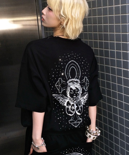 A'GEM9(エージェムナイン)の「A'GEM/9 × .kom 『A'GEM/9/エージェムナイン』 ラインストーンエンジェルTシャツ(Tシャツ/カットソー・レディース・ブラック×ブルー/ブラック×シルバー/ブラック×ピンク・M/L)」の3枚目の写真