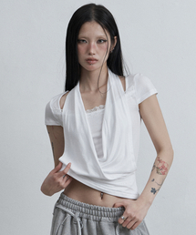 レースカウルネックTシャツホワイト