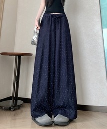 ドット柄ワイドパンツ ウエストリボン付き