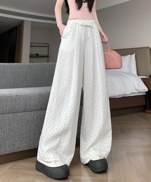 ドット柄ワイドパンツ ウエストリボン付き