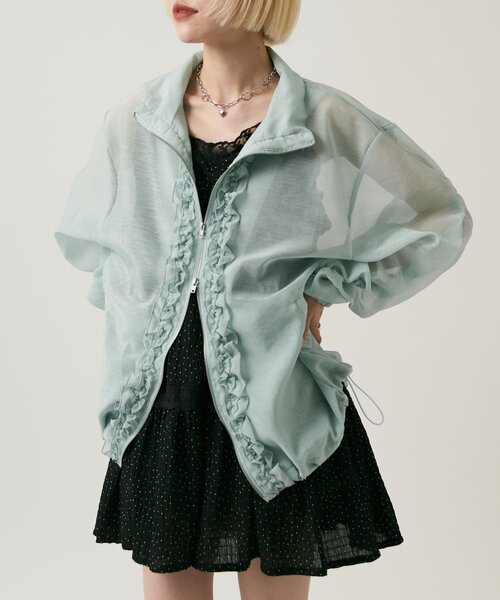w closet(ダブルクローゼット)の「【2サイズ展開/羽織でも1枚でも◎】フリルシアーブルゾン(ブルゾン・レディース・ピンク/ブルー/ブラック/アイボリー/イエロー・MEDIUM/SMALL)」の11枚目の写真