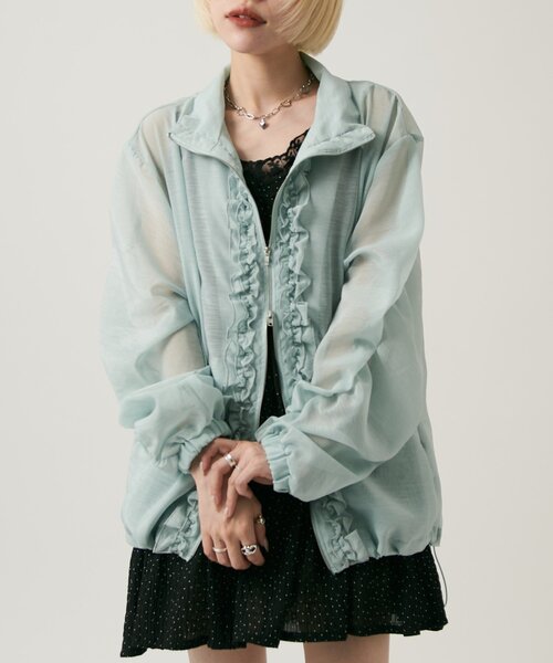 w closet(ダブルクローゼット)の「【2サイズ展開/羽織でも1枚でも◎】フリルシアーブルゾン(ブルゾン・レディース・ピンク/ブルー/ブラック/アイボリー/イエロー・MEDIUM/SMALL)」の12枚目の写真