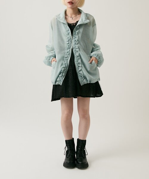 w closet(ダブルクローゼット)の「【2サイズ展開/羽織でも1枚でも◎】フリルシアーブルゾン(ブルゾン・レディース・ピンク/ブルー/ブラック/アイボリー/イエロー・MEDIUM/SMALL)」の16枚目の写真