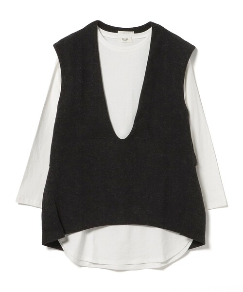 BEAMS HEART(ビームスハート)の「Vネック ベスト ロングTシャツ セット(Tシャツ/カットソー・レディース・チャコールグレー/ブラウン/グレー・FREE)」の1枚目の写真
