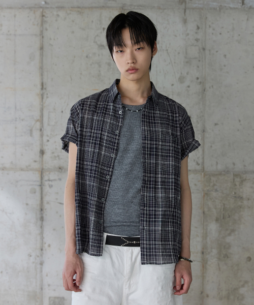 P.IN.O(ピインオ)の「シェイドチェックハーフシャツ - ネイビー(シャツ/ブラウス・メンズ・その他・MEDIUM/LARGE/X-LARGE)」の1枚目の写真