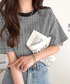 classicalelf（クラシカルエルフ）の「ぽこぽこが可愛い！ストレッチ素材シャーリングギンガムチェックトップス（半袖）（Tシャツ/カットソー・MEDIUM）」