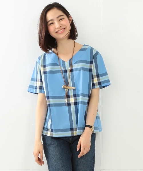 BEAMS BOY(ビームスボーイ)の「BEAMS BOY / ボーイ ビッグタータンチェック 半袖シャツ(シャツ/ブラウス・レディース・ナチュラル/サックスブルー/ネイビー・ONE SIZE)」の6枚目の写真
