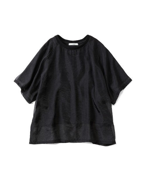 IEDIT(イディット)の「IEDIT 吸汗速乾カットソードッキングのソフトオーガンジーシアーレイヤードトップス(Tシャツ/カットソー・レディース・オフホワイト/ブラック・L/LL/3L/S/M)」の12枚目の写真
