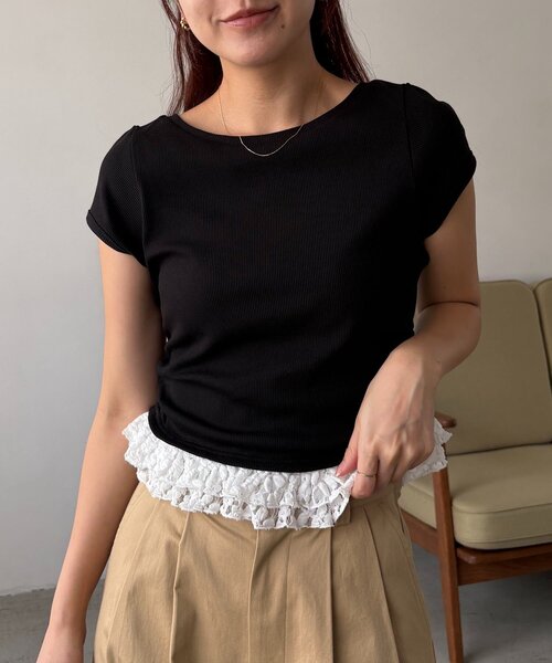 CAPRICIEUX LE'MAGE(カプリシューレマージュ)の「【前後2way】裾レースミニ袖T(Tシャツ/カットソー・レディース・ホワイト/ブラック/グレー・FREE)」の2枚目の写真