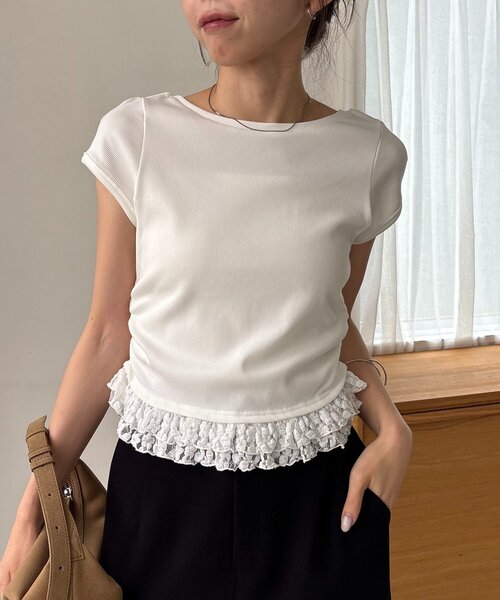 CAPRICIEUX LE'MAGE(カプリシューレマージュ)の「【前後2way】裾レースミニ袖T(Tシャツ/カットソー・レディース・ホワイト/ブラック/グレー・FREE)」の8枚目の写真