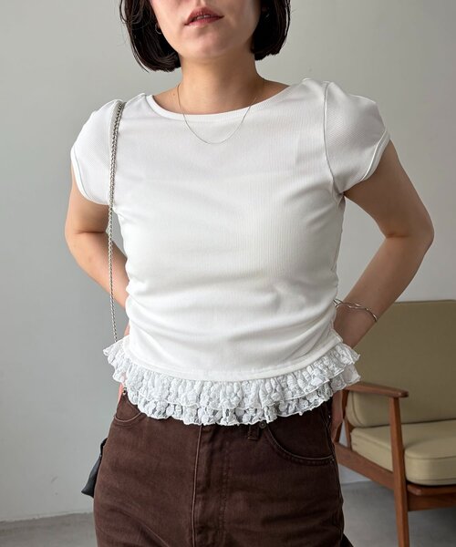 CAPRICIEUX LE'MAGE(カプリシューレマージュ)の「【前後2way】裾レースミニ袖T(Tシャツ/カットソー・レディース・ホワイト/ブラック/グレー・FREE)」の12枚目の写真