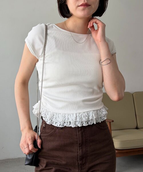 CAPRICIEUX LE'MAGE(カプリシューレマージュ)の「【前後2way】裾レースミニ袖T(Tシャツ/カットソー・レディース・ホワイト/ブラック/グレー・FREE)」の16枚目の写真