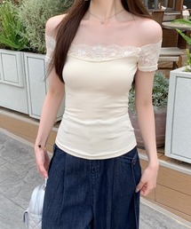 オフショルダー レース切替 半袖Tシャツ
