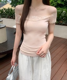 オフショルダー レース切替 半袖Tシャツ