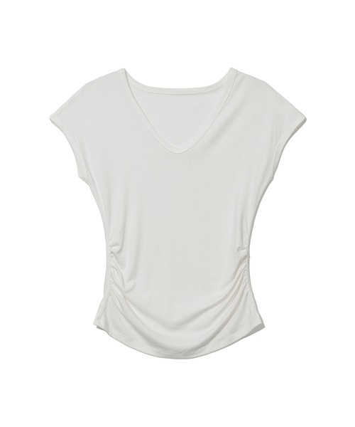 MOAA(モア)の「サイドシェアリングVネックキャップスリーブTシャツ(Tシャツ/カットソー・レディース・タン/スカイブルー/ブラック/ホワイト・MEDIUM/SMALL)」の2枚目の写真