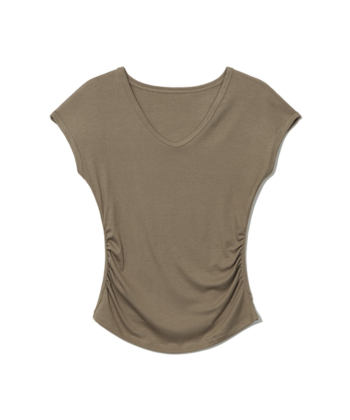 MOAA(モア)の「サイドシェアリングVネックキャップスリーブTシャツ(Tシャツ/カットソー・レディース・タン/スカイブルー/ブラック/ホワイト・MEDIUM/SMALL)」の3枚目の写真