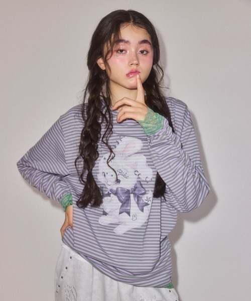 Candy Stripper(キャンディストリッパー)の「CULT BUNNY BORDER トップス(Tシャツ/カットソー・レディース・ピンク/ラベンダー/ブラック・FREE)」の2枚目の写真