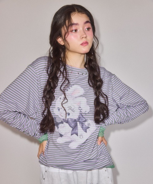 Candy Stripper(キャンディストリッパー)の「CULT BUNNY BORDER トップス(Tシャツ/カットソー・レディース・ピンク/ラベンダー/ブラック・FREE)」の6枚目の写真