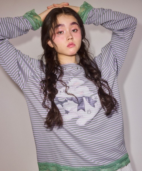 Candy Stripper(キャンディストリッパー)の「CULT BUNNY BORDER トップス(Tシャツ/カットソー・レディース・ピンク/ラベンダー/ブラック・FREE)」の8枚目の写真