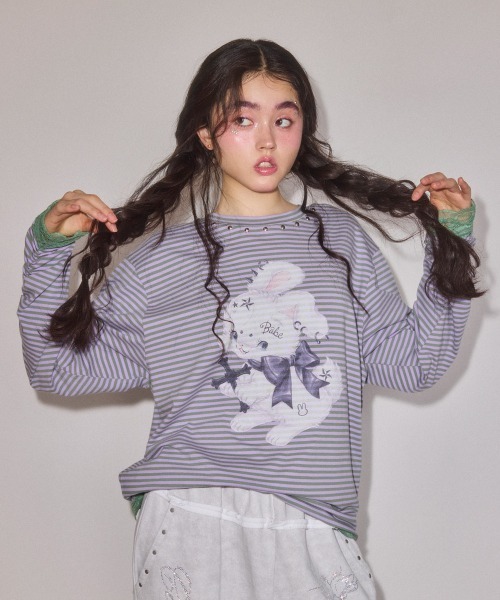 Candy Stripper(キャンディストリッパー)の「CULT BUNNY BORDER トップス(Tシャツ/カットソー・レディース・ピンク/ラベンダー/ブラック・FREE)」の5枚目の写真