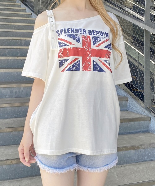 INGNI（イング）の「肩ベルト付ユニオンジャックグラフィックトップス（Tシャツ/カットソー・レディース・ブラック/オフホワイト/グレー・M）」の5枚目の写真