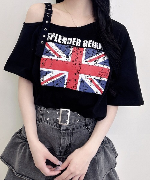 INGNI（イング）の「肩ベルト付ユニオンジャックグラフィックトップス（Tシャツ/カットソー・レディース・ブラック/オフホワイト/グレー・M）」の12枚目の写真