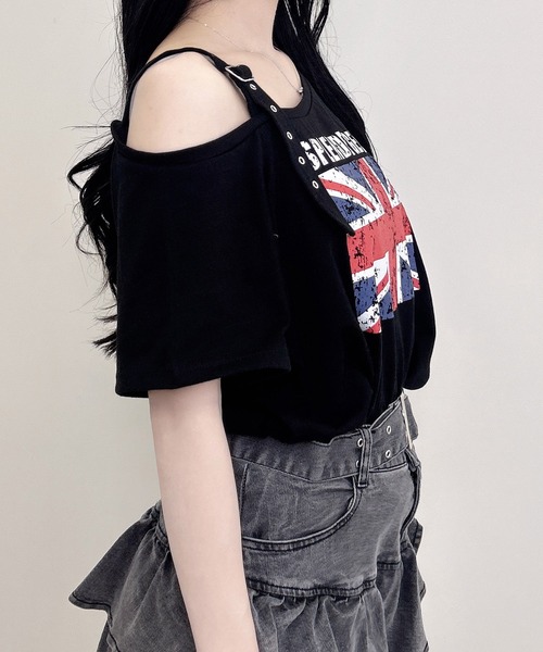 INGNI（イング）の「肩ベルト付ユニオンジャックグラフィックトップス（Tシャツ/カットソー・レディース・ブラック/オフホワイト/グレー・M）」の13枚目の写真