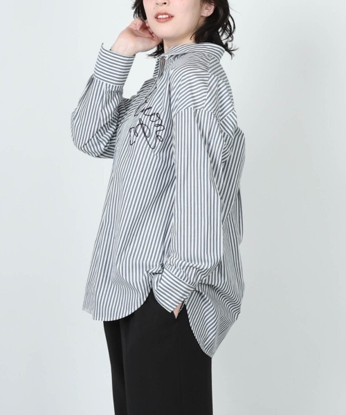 STUDIO PICONE（スタジオピッコーネ）の「コットン100％ストライプシャツ（シャツ/ブラウス・レディース・ネイビー/ライトグレー/ブラウン・LL/L/M）」の19枚目の写真