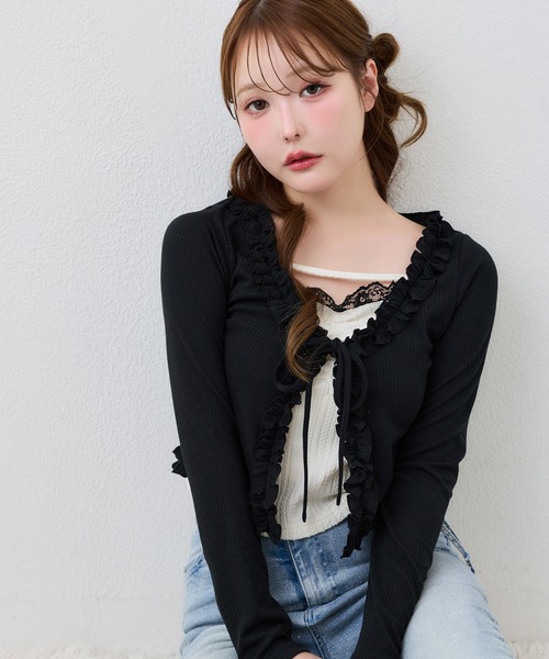 one after another NICE CLAUP(ワンアフターアナザーナイスクラップ)の「インナーセットフリルテレコカーディガン(アンサンブル・レディース・ブラック/アイボリー/ブラウン・FREE)」の2枚目の写真