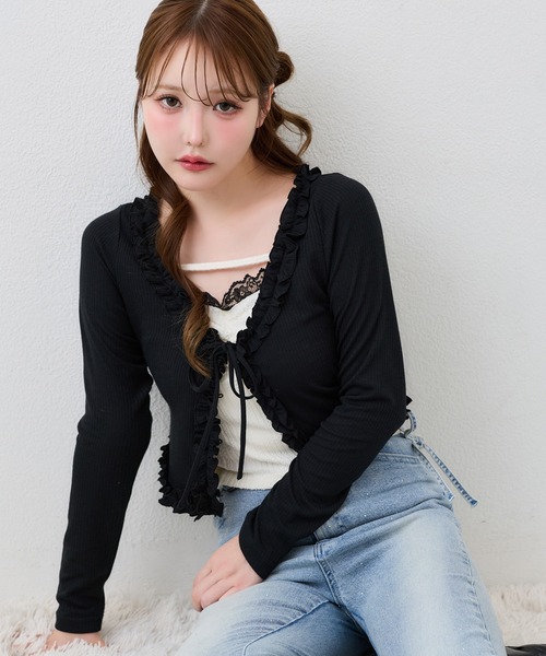 one after another NICE CLAUP(ワンアフターアナザーナイスクラップ)の「インナーセットフリルテレコカーディガン(アンサンブル・レディース・ブラック/アイボリー/ブラウン・FREE)」の7枚目の写真