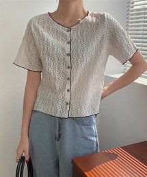 配色パイピングジャガード半袖カーディガン