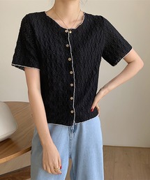 配色パイピングジャガード半袖カーディガン