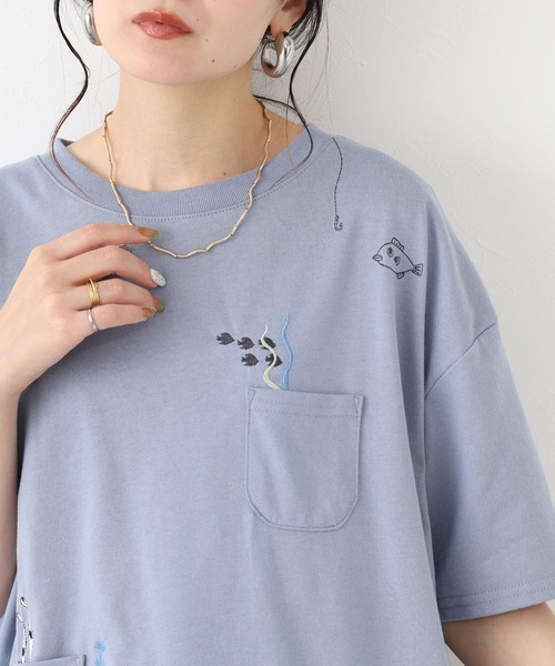 FUNALIVE(ファンアライブ)の「多ポケット刺繍 五分袖プルオーバー 海の生き物(Tシャツ/カットソー・レディース・チャコールグレー/ライトブルー/グリーン系/ブルー系/ネイビー/ミント/ホワイト系1/オフホワイト/ホワイト系・L/M)」の9枚目の写真