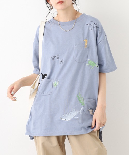 FUNALIVE(ファンアライブ)の「多ポケット刺繍 五分袖プルオーバー 海の生き物(Tシャツ/カットソー・レディース・チャコールグレー/ライトブルー/グリーン系/ブルー系/ネイビー/ミント/ホワイト系1/オフホワイト/ホワイト系・L/M)」の7枚目の写真
