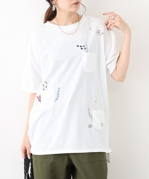 FUNALIVE(ファンアライブ)の「多ポケット刺繍 五分袖プルオーバー 海の生き物(Tシャツ/カットソー・レディース・チャコールグレー/ライトブルー/グリーン系/ブルー系/ネイビー/ミント/ホワイト系1/オフホワイト/ホワイト系・L/M)」の15枚目の写真