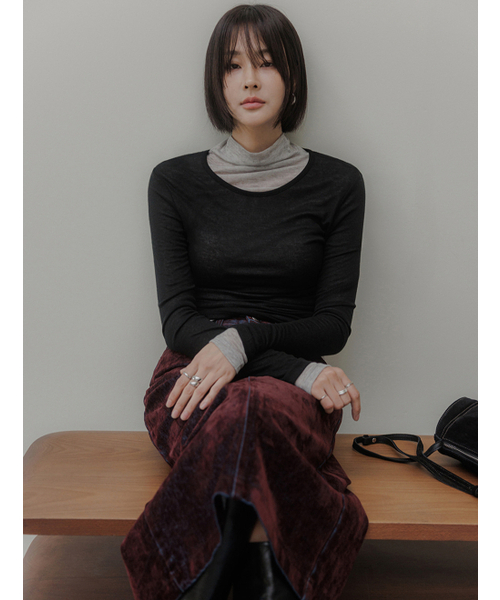 MEMUA(メムア)の「フレンティウールハーフネックティ(オリーブ)(Tシャツ/カットソー・レディース・オリーブ/ライトベージュ/ブラック/グレー・FREE)」の6枚目の写真