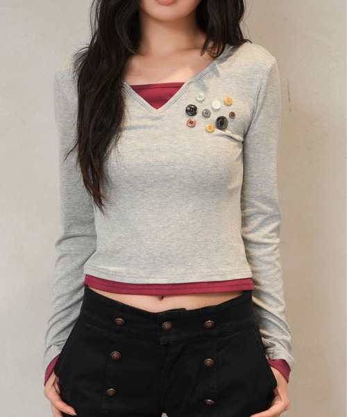 sedacle girl(セダクルガール)の「レイヤードボタンロンT(Tシャツ/カットソー・レディース・ネイビー/グレー/ダークブラウン・SMALL/MEDIUM)」の2枚目の写真