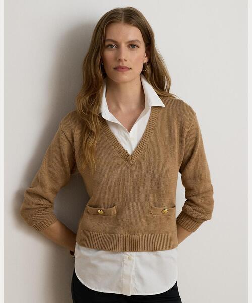 LAUREN RALPH LAUREN(ローレン ラルフ ローレン)の「レイヤード ボタントリム コットン セーター(ニット/セーター・レディース・ブラウン系5・XS/S/M)」の1枚目の写真