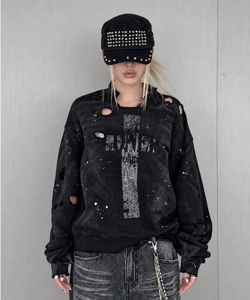 ROARINGRAD(ロアリングラド)の「クロスダメージスウェットシャツ グレー(スウェット・レディース・その他・MEDIUM/LARGE)」の1枚目の写真