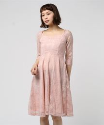 ラメ入り総フラワーレース７分袖Aラインパーティードレス