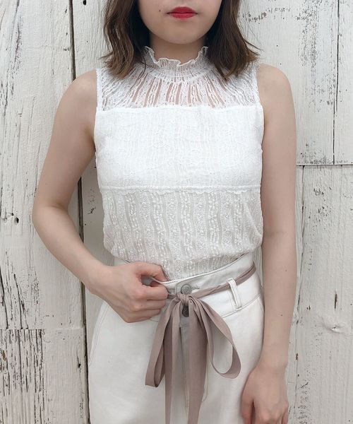 one after another NICE CLAUP（ワンアフターアナザーナイスクラップ）の「プチハイ総レーストップス（タンクトップ・レディース・オフホワイト/ベージュ/ブラック・FREE）」の2枚目の写真