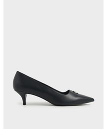 ストライプボタンディテール キトゥンヒールパンプス / Striped Button Detail Kitten Heel Pumps