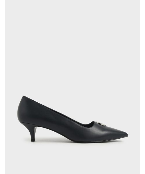 CHARLES & KEITH(チャールズ & キース)の「ストライプボタンディテール キトゥンヒールパンプス / Striped Button Detail Kitten Heel Pumps(パンプス・レディース・ブラック/ダークブルー/ブラウン系その他3・22.5cm/23cm/23.5cm/24.5cm/25cm/25.5cm)」の1枚目の写真