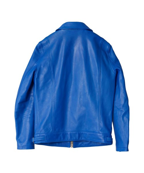 【美品】☆2サイズ　NO ID.ブルーカウレザー シングルライダースジャケット青 NO ID.（ノーアイディ）の「【WEB限定価格】オイルドカウレザー
