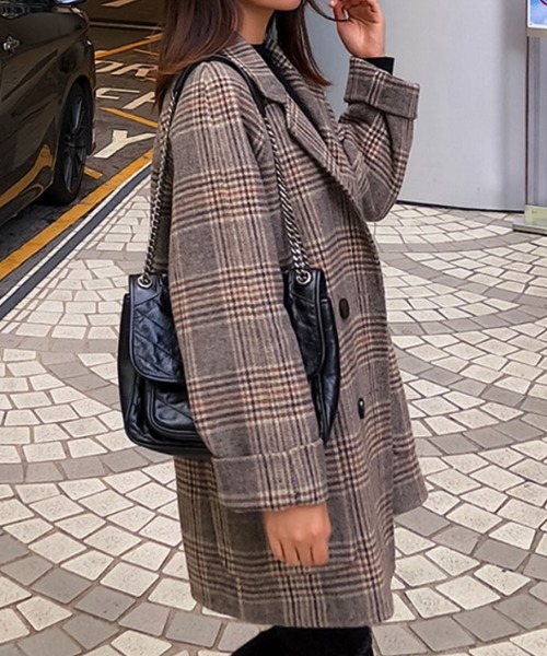 Girly Doll(ガーリードール)の「BIGシルエットチェックチェスターコート(チェスターコート・レディース・キャメル/ベージュ/グレー/ブルー・S/M/XL/L)」の2枚目の写真