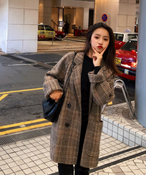 Girly Doll(ガーリードール)の「BIGシルエットチェックチェスターコート(チェスターコート・レディース・キャメル/ベージュ/グレー/ブルー・S/M/XL/L)」の8枚目の写真