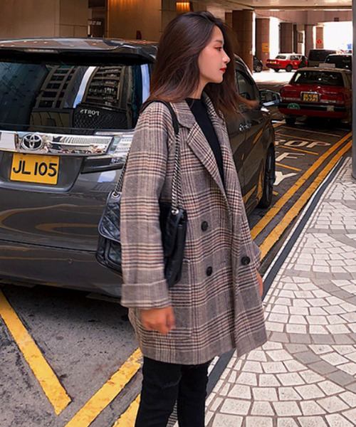 Girly Doll(ガーリードール)の「BIGシルエットチェックチェスターコート(チェスターコート・レディース・キャメル/ベージュ/グレー/ブルー・S/M/XL/L)」の13枚目の写真