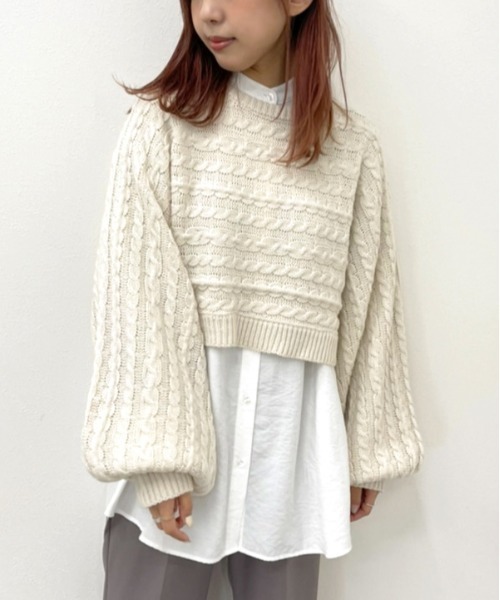 apres jour mignon（アプレジュールミニョン）の「ショートケーブルニット 【ZOZOTOWN限定アイテム】（ニット/セーター・レディース・カーキ/アイボリー/ブラック/ダークブルー・フリー/X-LARGE）」の5枚目の写真